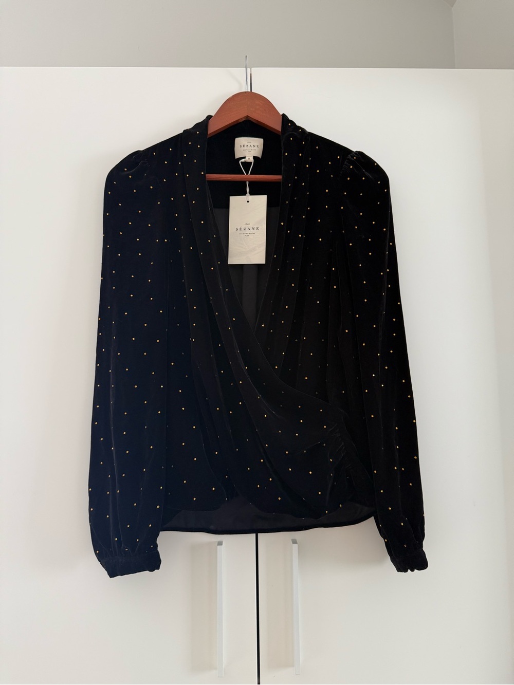 NWT Sézane - Abélia Black Velvet Wrap Blouse with Gold Dot Detail